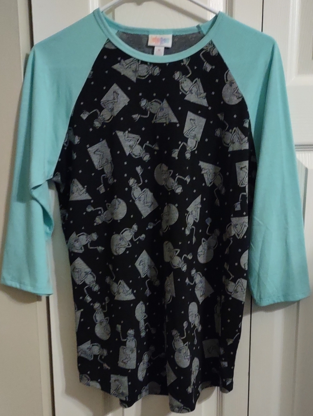 LuLaRoe Graphic Raglan Tee with Aqua Trim - Kermit the Frog